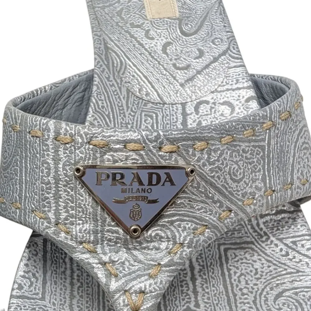 Vintage Prada Logo Kitten Heel Flip Flops Square Toe Sandal Mule Silver Blue 40